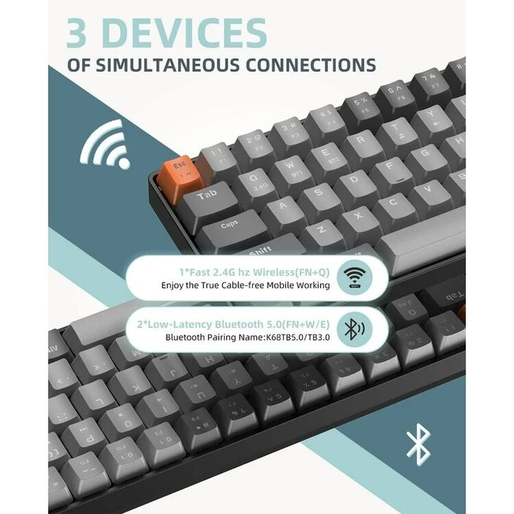 K68 Kablosuz Mekanik Klavye | 68 Tuş | Bluetooth 5.0 + 2.4GHz | Hot-Swap Kırmızı Switch