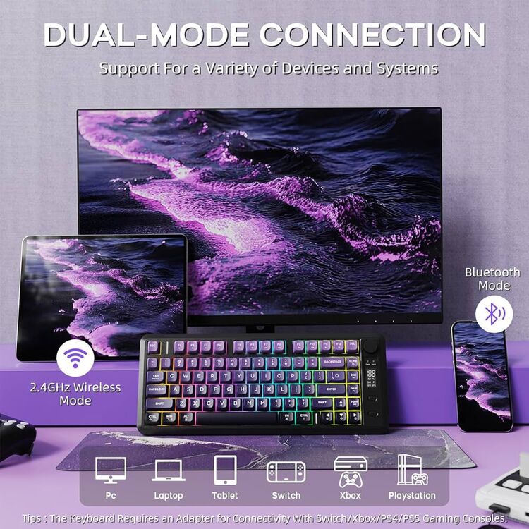 M75 Kablosuz Oyun Klavyesi | Çift Mod Bluetooth + 2.4GHz | OLED Ekran | RGB Aydınlatma