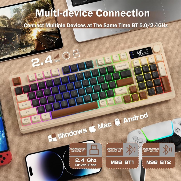 Ziyoulang M96 Coffee Bluetooth/2.4g Kablosuz Klavye Işıklı USB Type-C Kablolu