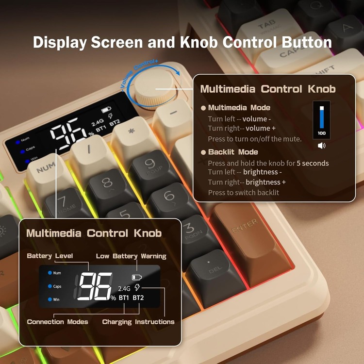 Ziyoulang M96 Coffee Bluetooth/2.4g Kablosuz Klavye Işıklı USB Type-C Kablolu