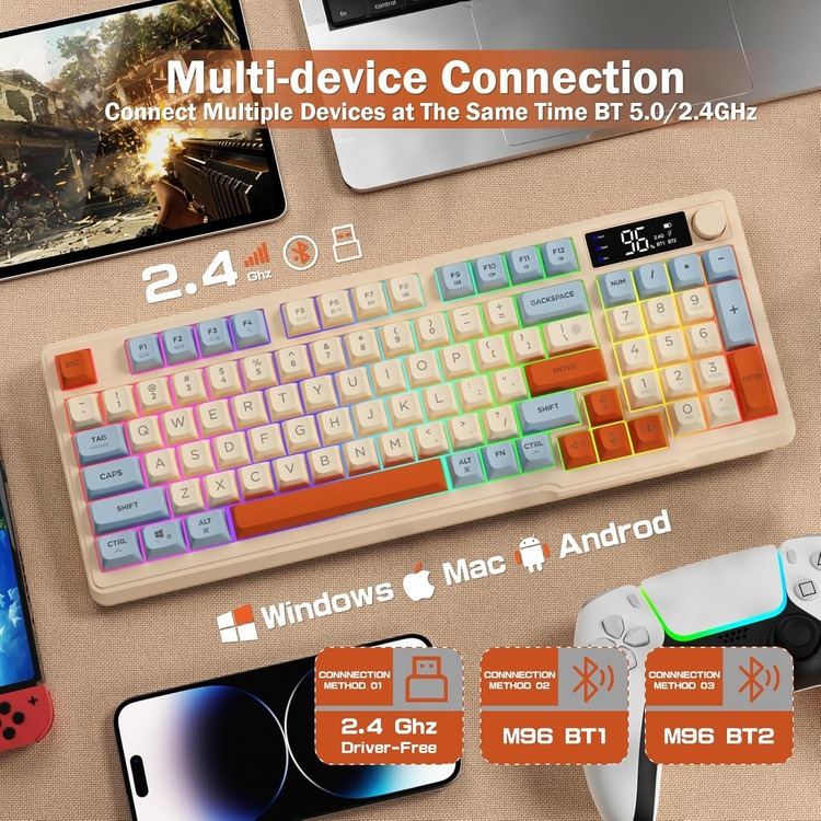 Ziyoulang M96 Blueberries Bluetooth/2.4g Kablosuz Klavye Işıklı USB Type-C