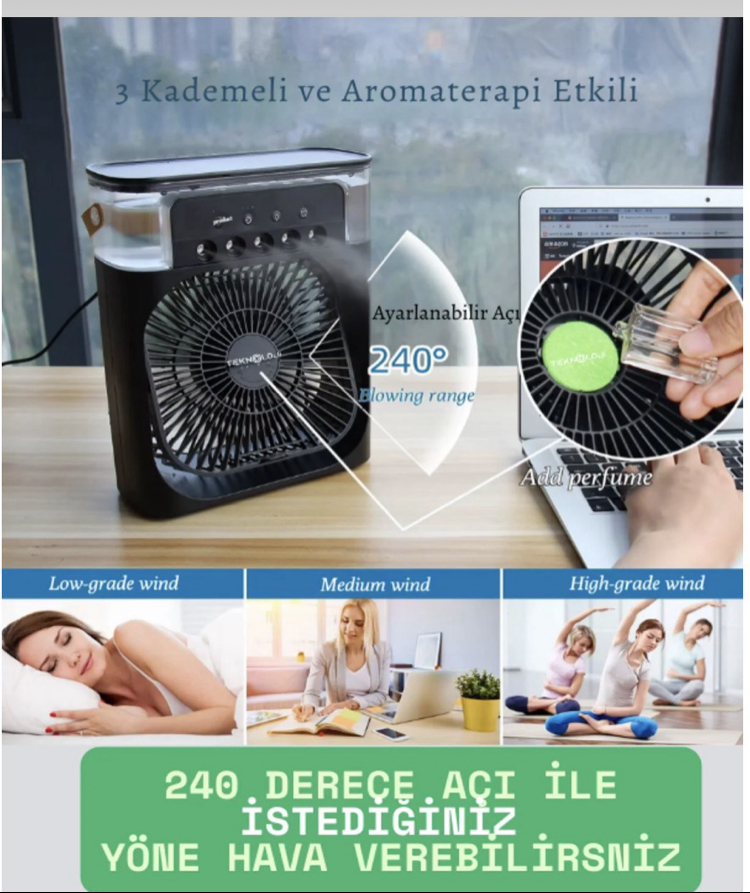 Buzlu Vantilatör Mini Fan 5 Spreyli Su Püskürtmeli 600 ML Buhar Makinesi Nemlendirici Mini Klima