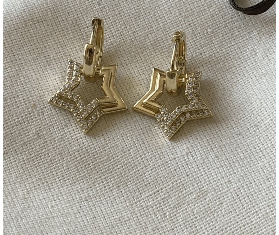 VIP 14K Taşlı Çift Yıldız Charmlı Küpe