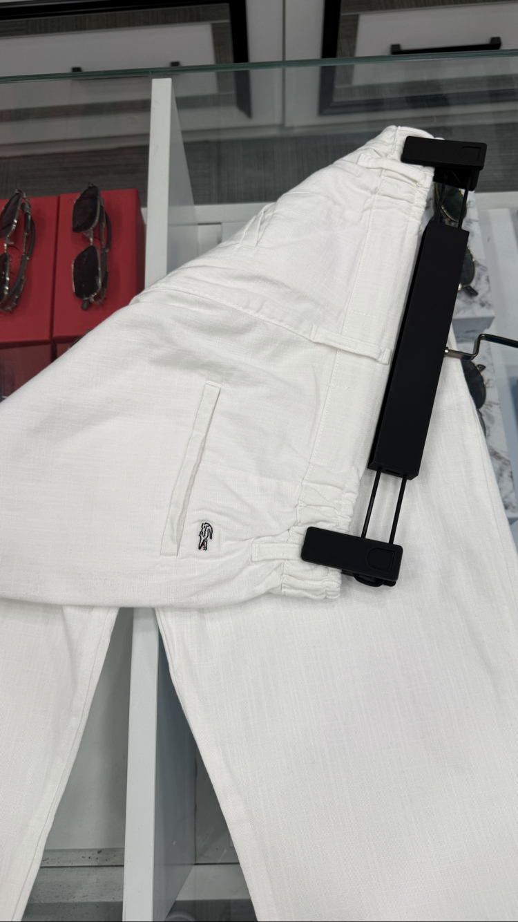 Timsah %100 Ham Keten Pantolon Beyaz TonaTon Logo Detaylı