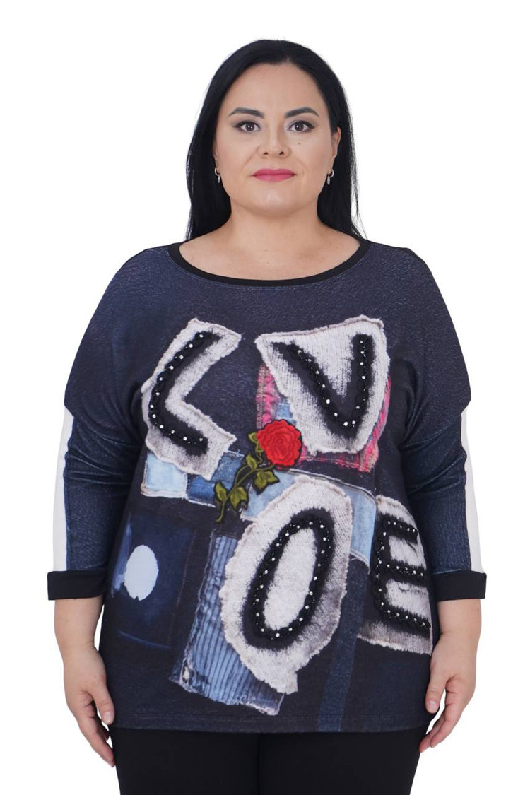 Büyük Beden Çiçek Nakışlı Love Nakışlı Kışlık Oversize Bluz