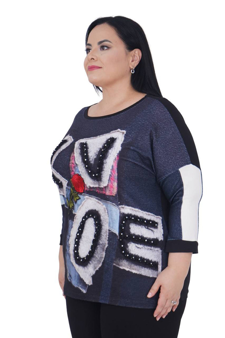 Büyük Beden Çiçek Nakışlı Love Nakışlı Kışlık Oversize Bluz