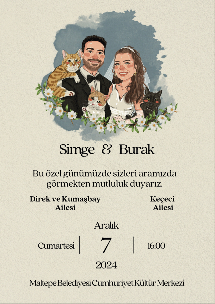 Size Özel Çizimle Tasarlanmış Davetiye Tasarımı + 500 Adet Davetiye