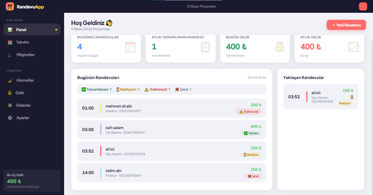 RandevuApp  - Randevu, Müşteri ve Kasa Yönetim Yazılımı (Aylık Ücret Yok!)