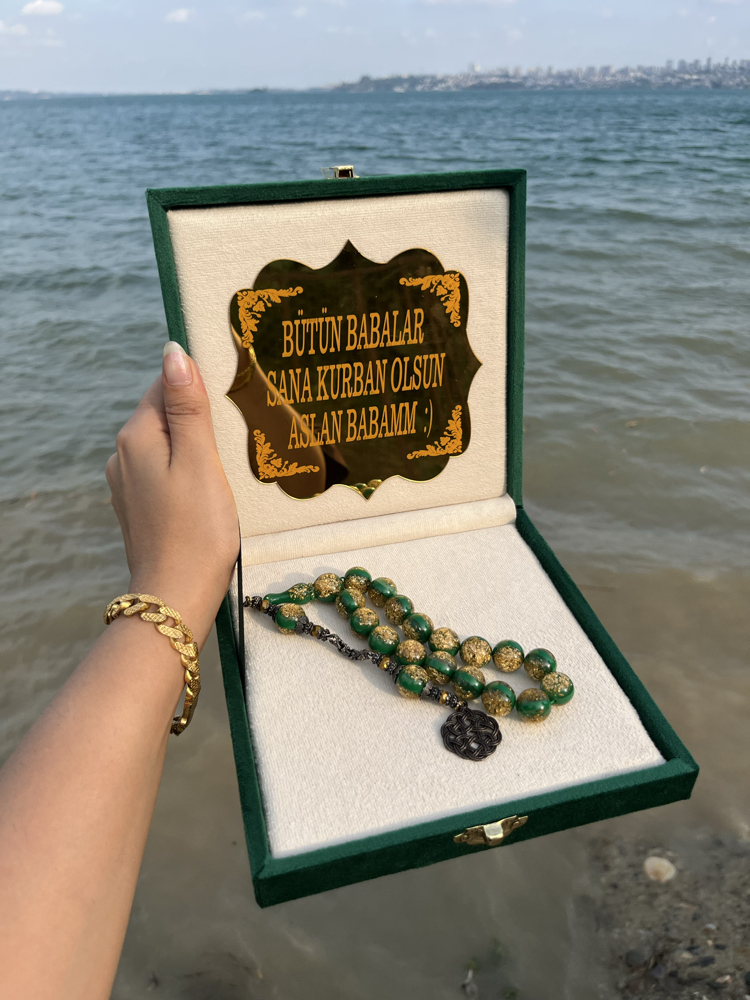Altın varaklı zümrüt yeşili Tesbih set