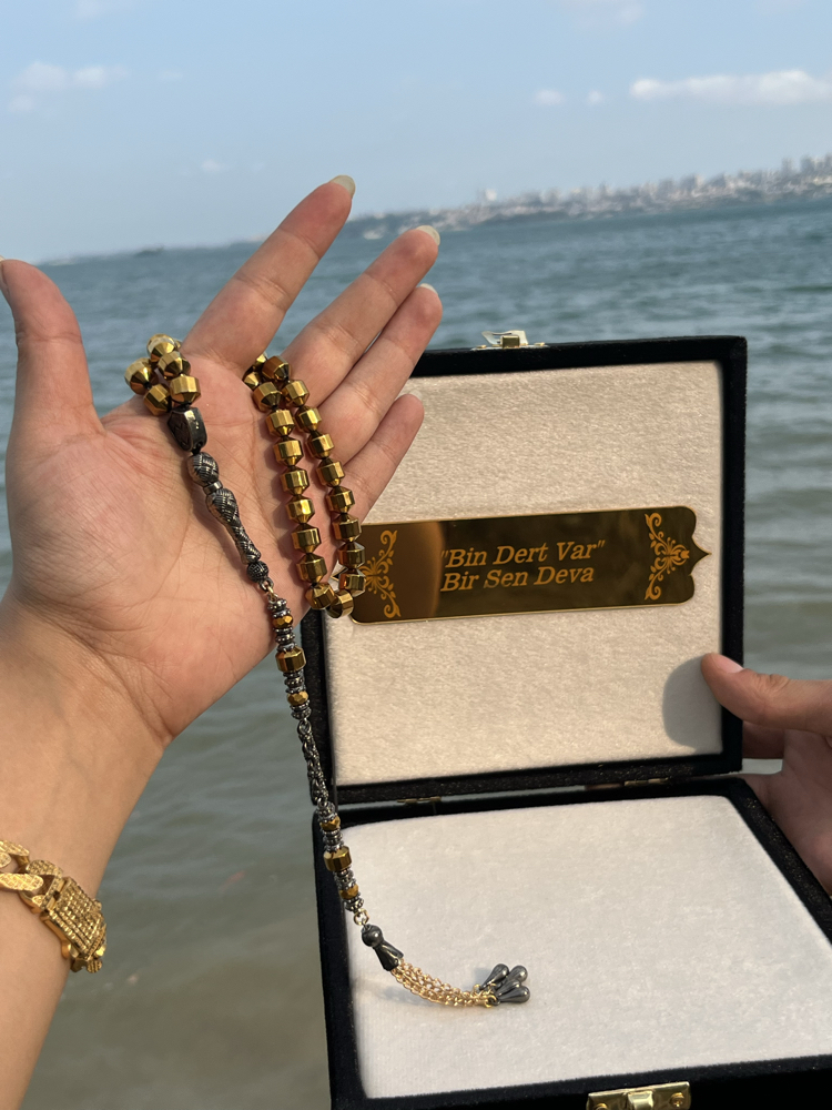 Kişiye özel kadife kutu kehribar set 