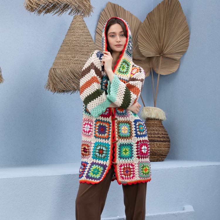 Bej patchwork Hanımdilendi Örgü Hırka