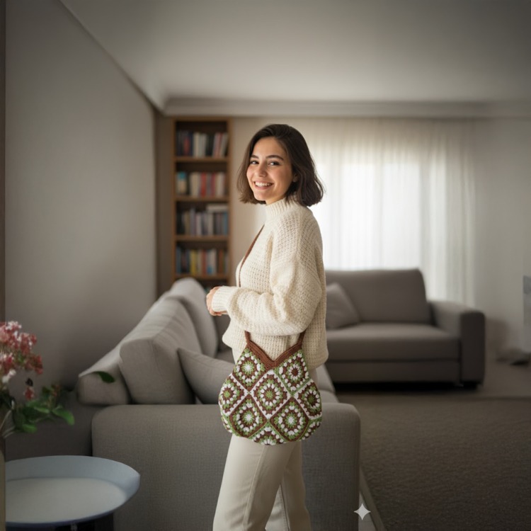 Yeşil zara motif örgü çanta, Astarlı