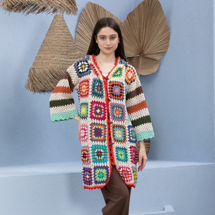 Bej patchwork Hanımdilendi Örgü Hırka
