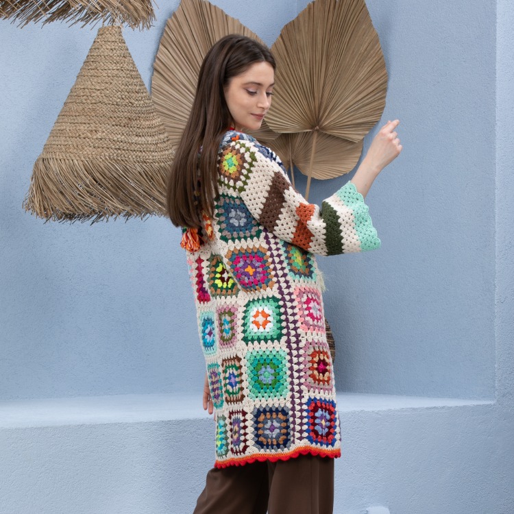 Bej patchwork Hanımdilendi Örgü Hırka