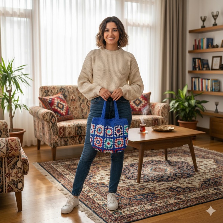 Mavi örgü çanta, astarlı