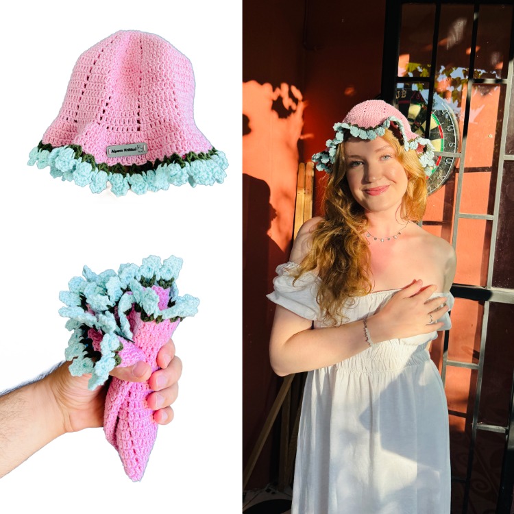 Pembe, fırfır kenarlı çiçek detaylı şapka