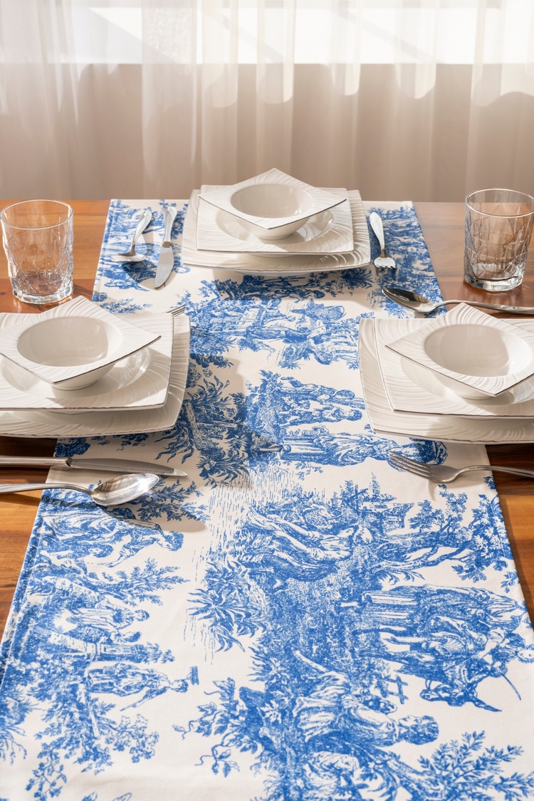 Saks Püsküllü, İngiliz Köylüler Desen 40x140cm Runner