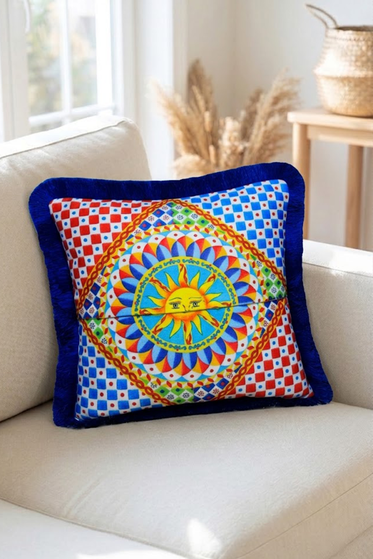 Saks Püsküllü, Güneş Desen 43x43cm Kare Kırlent Kılıfı