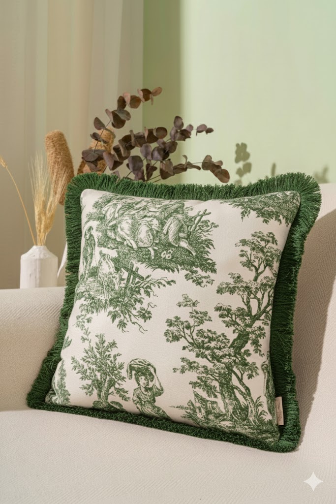 Püsküllü Dekoratif Yeşil 43x43cm Kare Kırlent Kılıfı