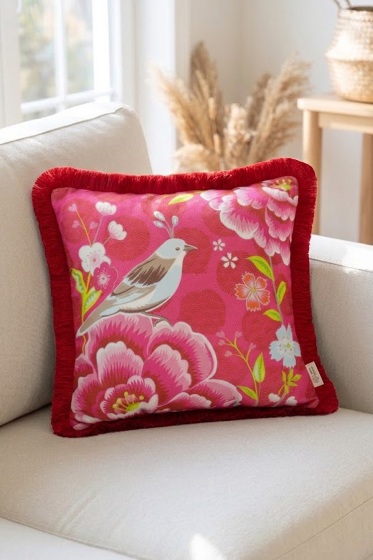 Kırmızı Püsküllü, Pink Bird Theme Desen 43x43cm Kare Kırlent Kılıfı