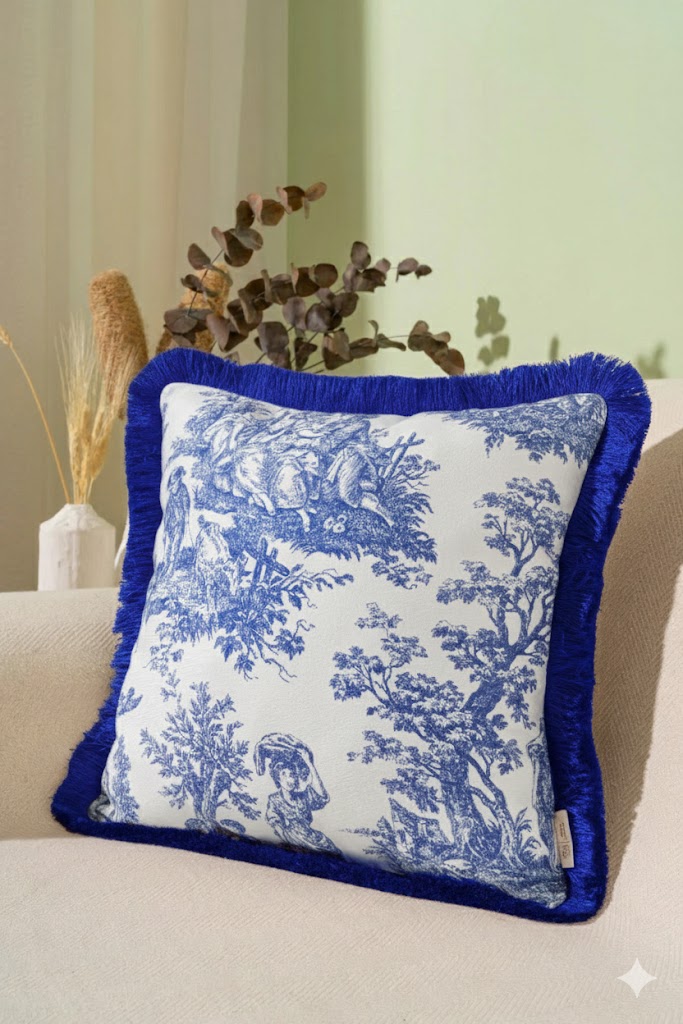 Püsküllü Dekoratif Saks Rengi 43x43cm Kare Kırlent Kılıfı