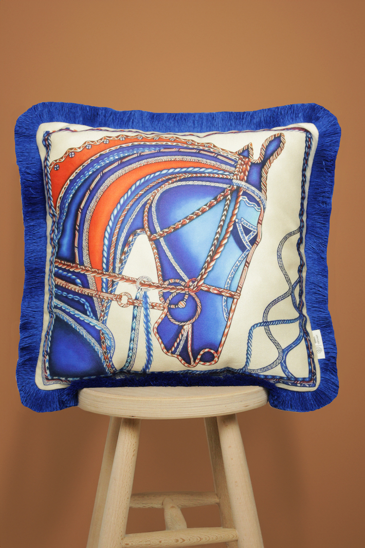Saks Püsküllü, Blue Horse Theme Desen 43x43cm Kare Kırlent Kılıfı