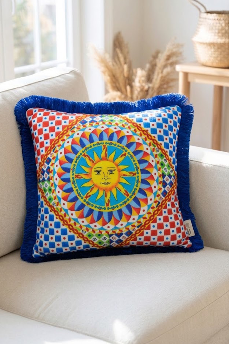 Saks Püsküllü, Güneş Desen 43x43cm Kare Kırlent Kılıfı