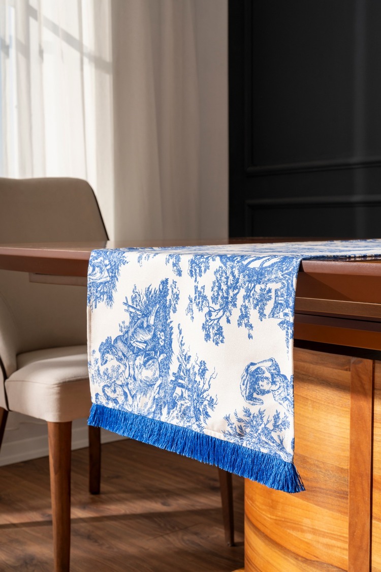 Saks Püsküllü, İngiliz Köylüler Desen 40x140cm Runner
