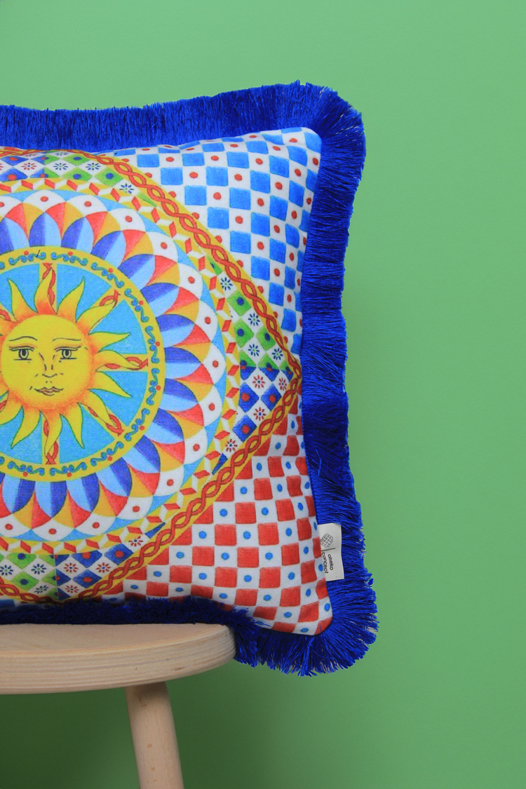 Saks Püsküllü, Güneş Desen 43x43cm Kare Kırlent Kılıfı