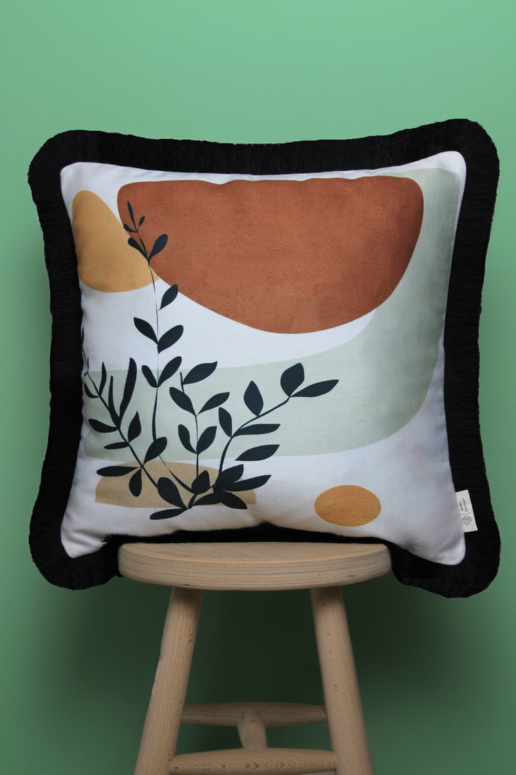 Siyah Püsküllü, Soft Ethnic 01 Desen, 43x43cm Kare Kırlent Kılıfı