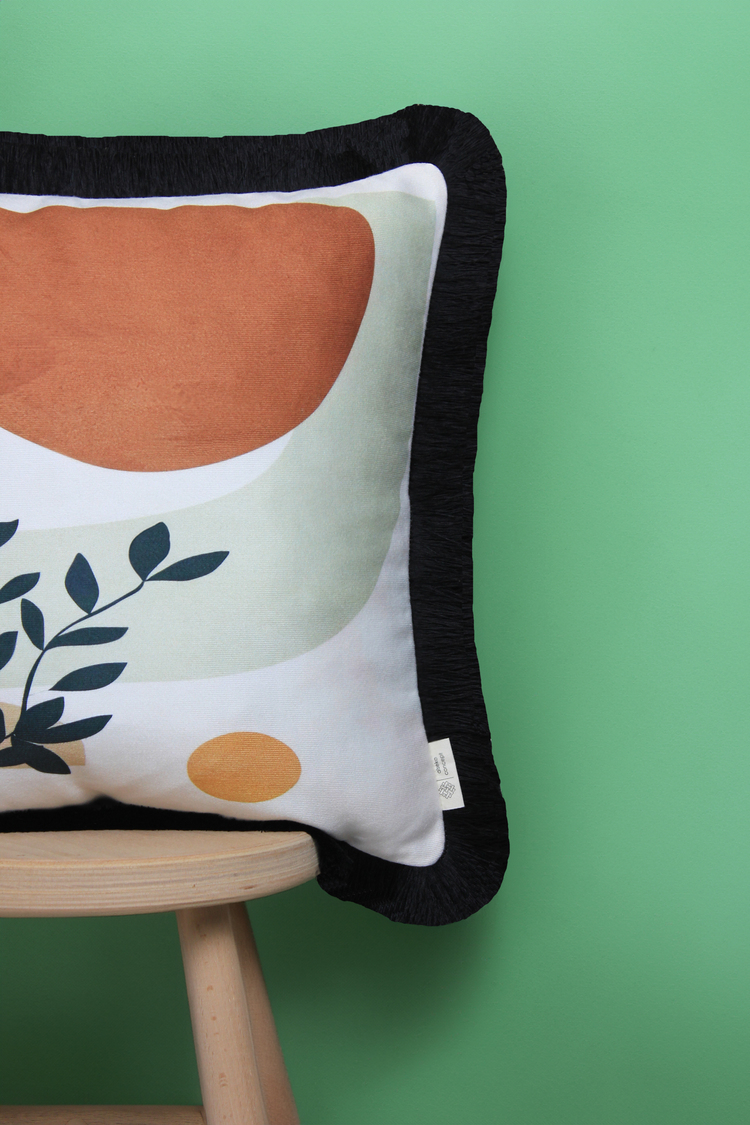 Siyah Püsküllü, Soft Ethnic 01 Desen, 43x43cm Kare Kırlent Kılıfı