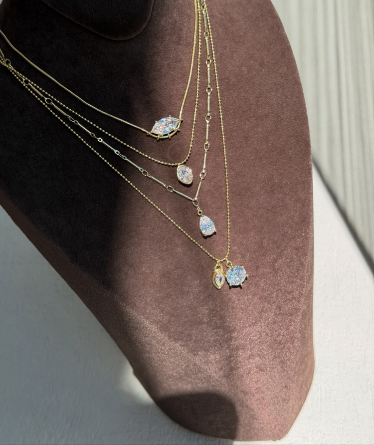 Özel seri ince zincirli damla taşlı kolye 14K