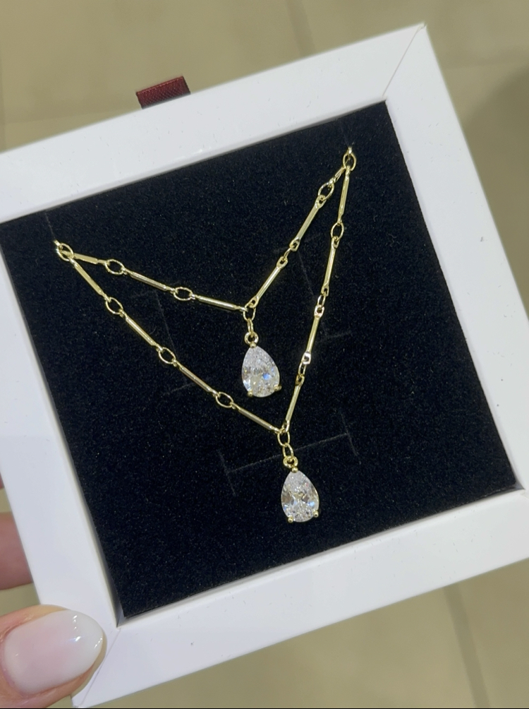 Özel seri ince zincirli damla taşlı kolye 14K