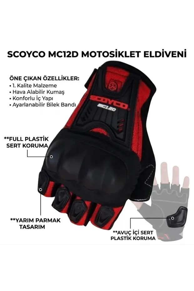  Scoyco Mc12-D Korumalı Kısa Motosiklet Eldiveni Kırmızı