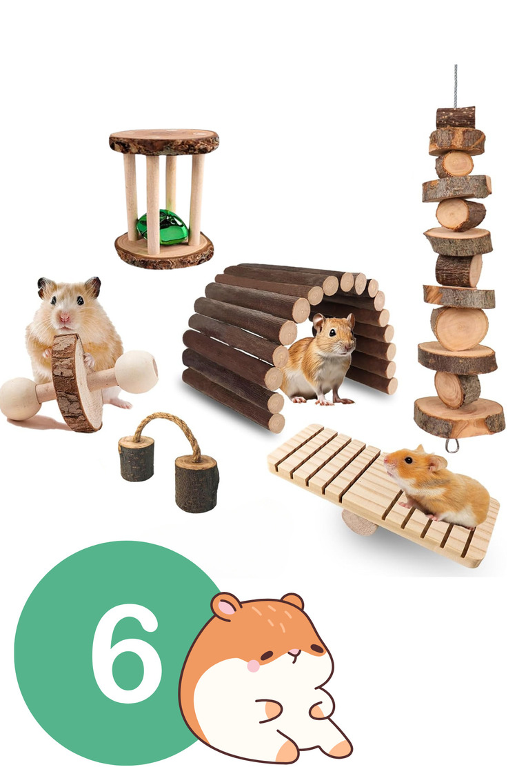 Doğal Ahşap Kemirgen Seti (6 Parça) - Hamster, Gine Pig, Tavşan, Çinçilla için Kafes Aksesuarları