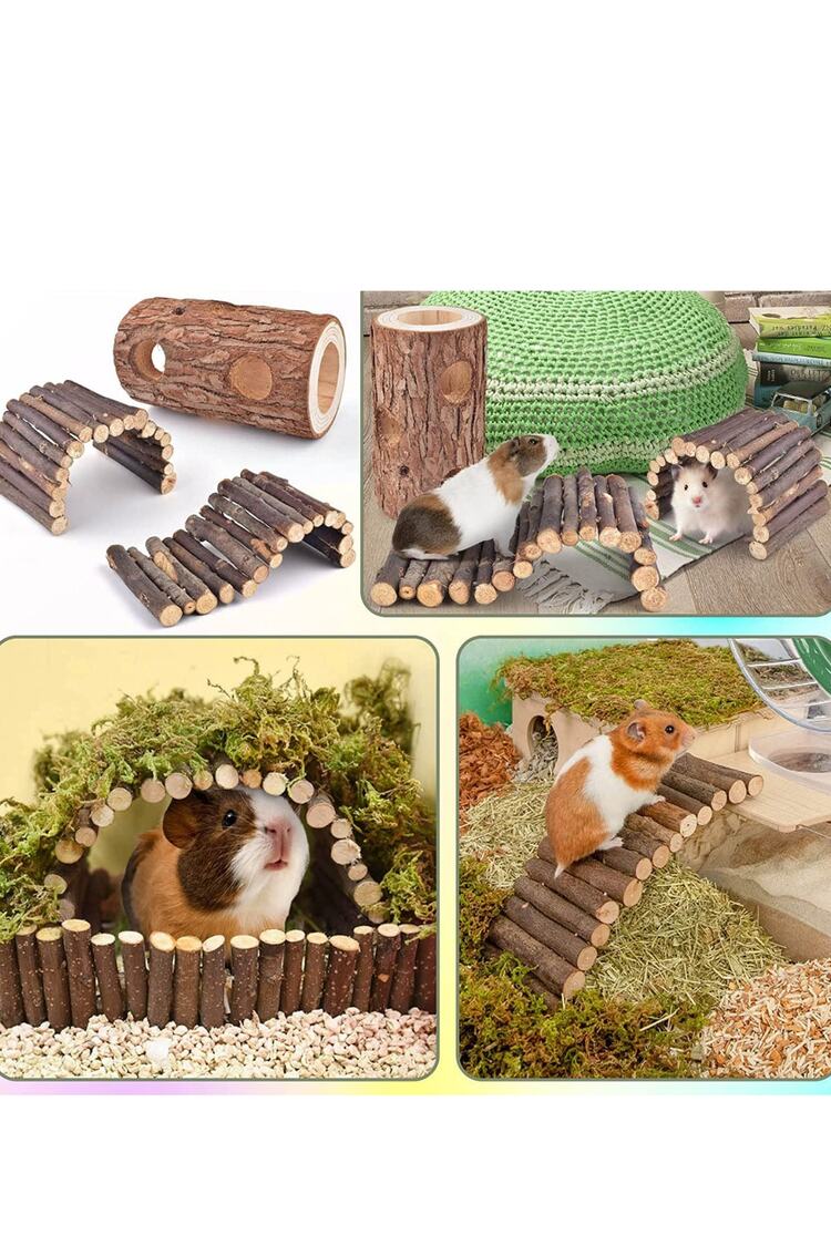 3lü Set Doğal Ahşap Merdiven Köprüsü Ve Orman Içi Boş Ağaç Gövdesi Hamster Egzersiz Kampı