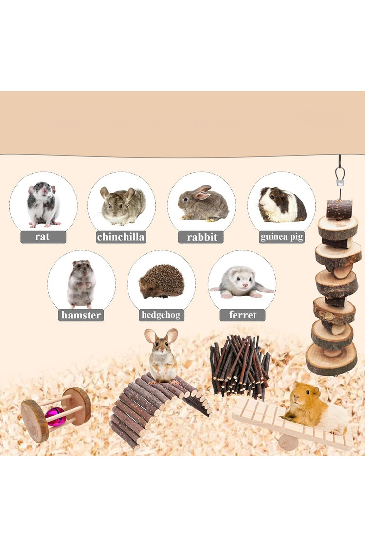 Doğal Ahşap Kemirgen Seti (6 Parça) - Hamster, Gine Pig, Tavşan, Çinçilla için Kafes Aksesuarları