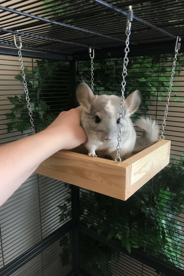 Çam Ahşap Chinchilla Salıncağı – 22,9 cm × 22,9 cm × 5,7 cm, Metal Zincirli