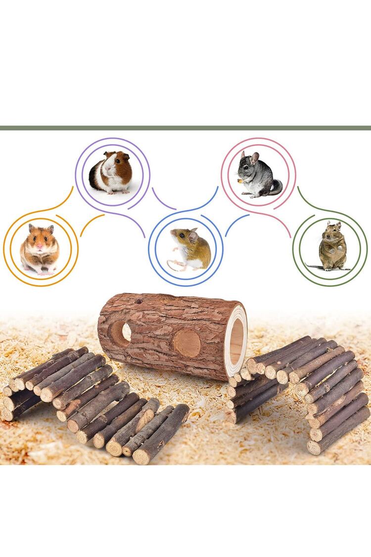 3lü Set Doğal Ahşap Merdiven Köprüsü Ve Orman Içi Boş Ağaç Gövdesi Hamster Egzersiz Kampı