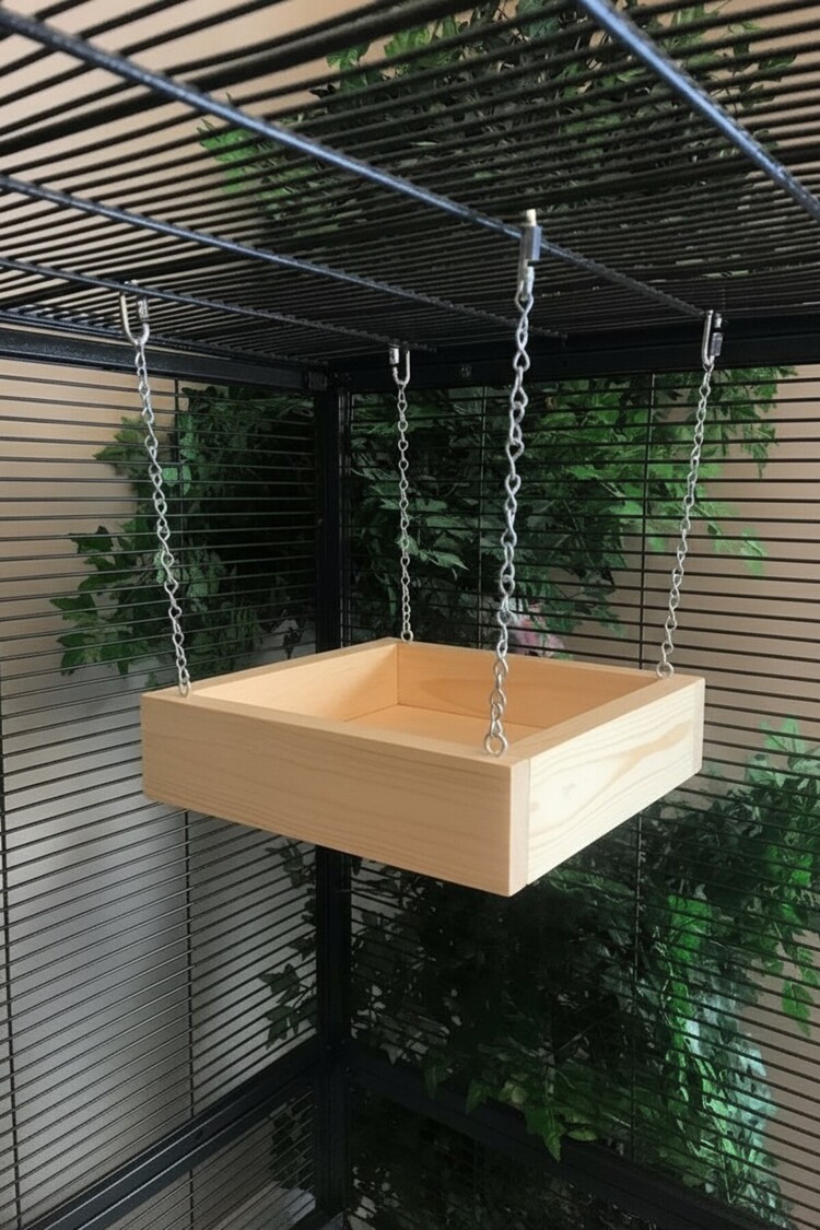 Çam Ahşap Chinchilla Salıncağı – 22,9 cm × 22,9 cm × 5,7 cm, Metal Zincirli