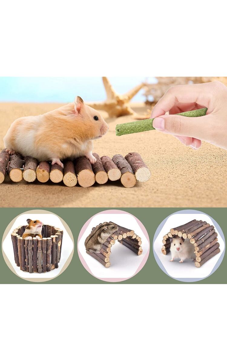 3lü Set Doğal Ahşap Merdiven Köprüsü Ve Orman Içi Boş Ağaç Gövdesi Hamster Egzersiz Kampı