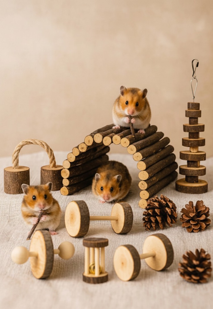 ALYONES 8'li Kemirgen Oyuncak Seti Ahşap Hamster Tavşan Guinea Pig Oyuncağı