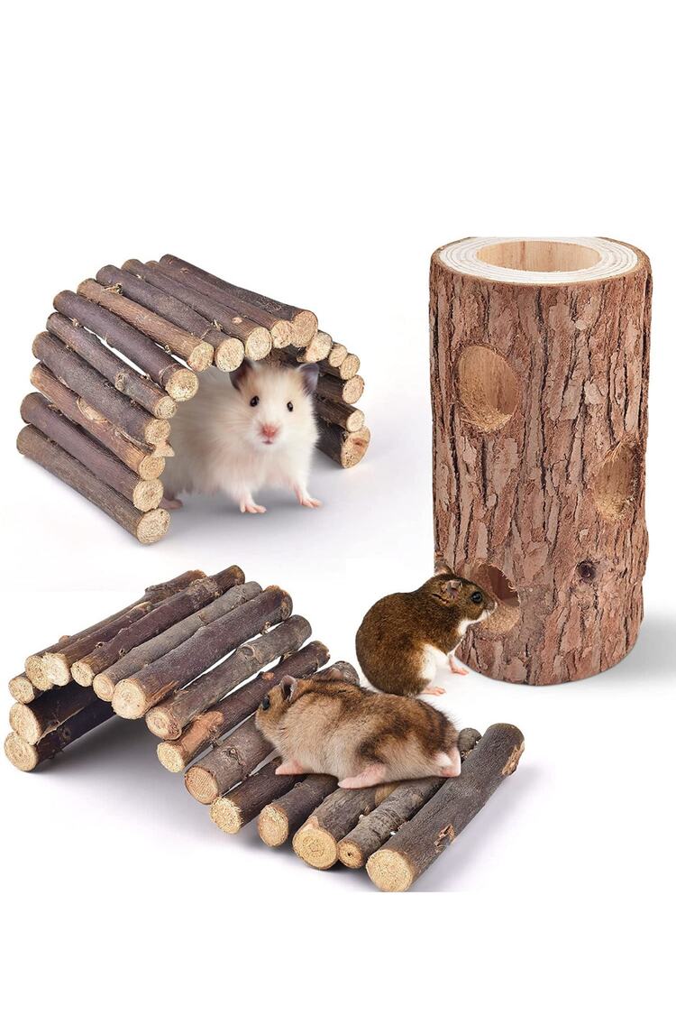 3lü Set Doğal Ahşap Merdiven Köprüsü Ve Orman Içi Boş Ağaç Gövdesi Hamster Egzersiz Kampı