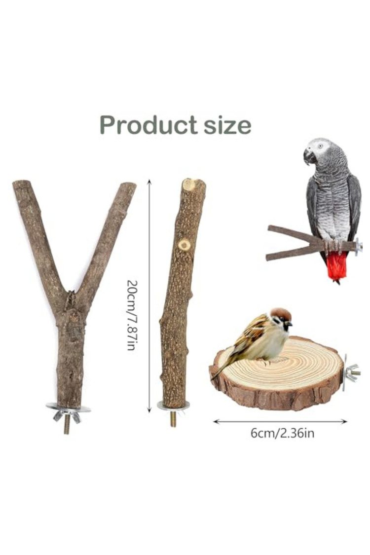 Doğal Ahşap Kuş Tüneği Seti – 5 Adet, 20 cm, Papağan ve Küçük Kuşlar için Güvenli