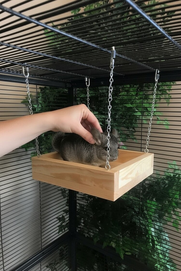Çam Ahşap Chinchilla Salıncağı – 22,9 cm × 22,9 cm × 5,7 cm, Metal Zincirli