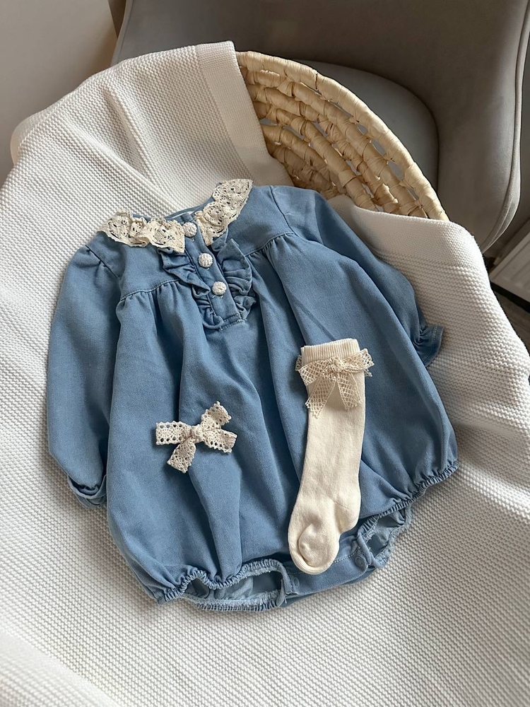 Denim salopet toka çorap set