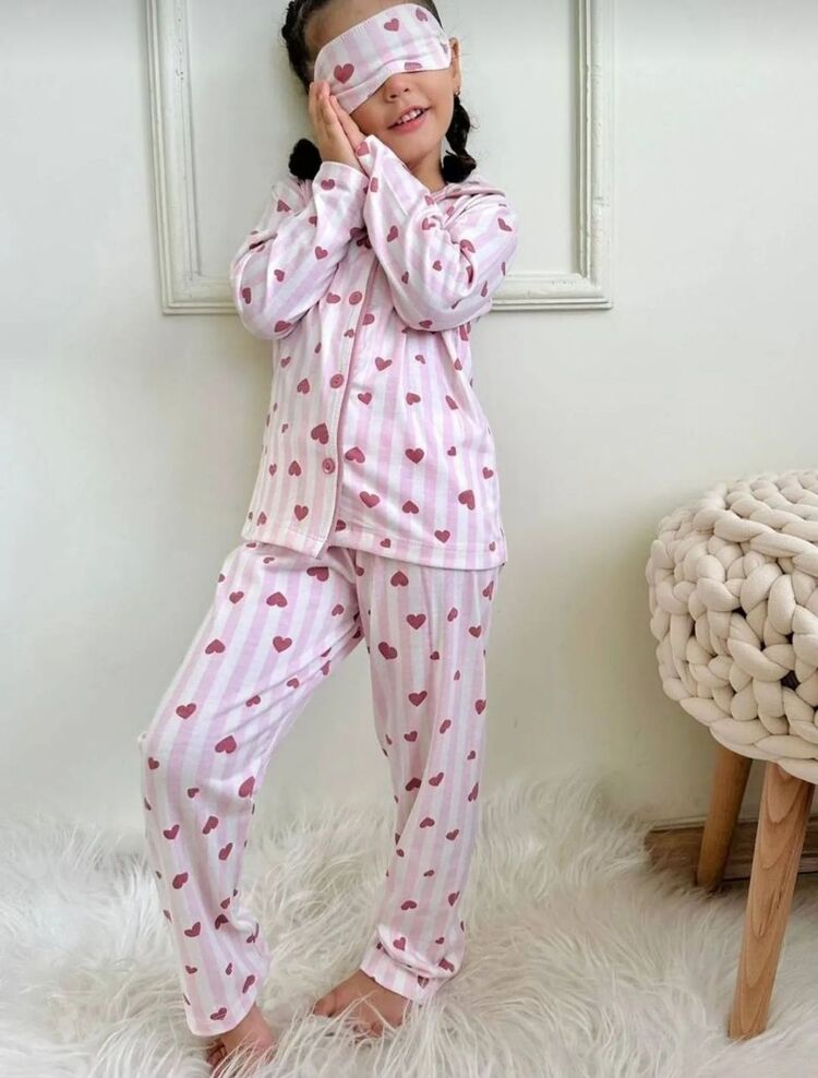 kız çocuk kalpli düğmeli uzun kollu pijama takımı 