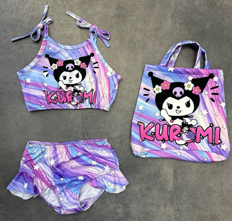 Kız çocuk Kuromi yıldızlı çantalı üç parça mayo bikini takımı