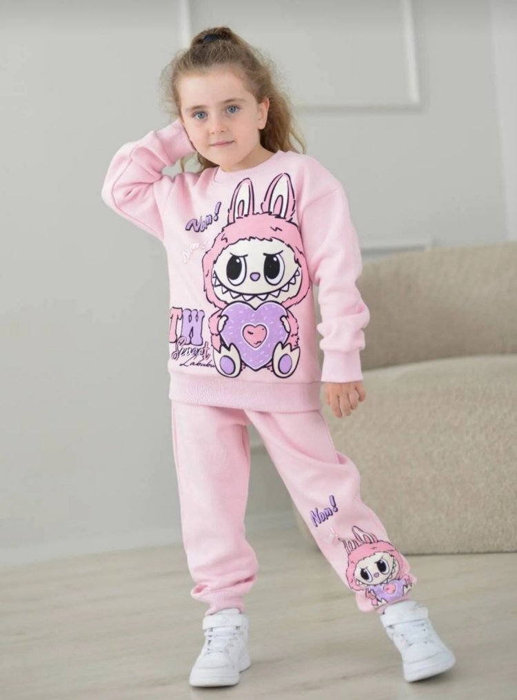 kız çocuk stitch pembe üç iplik şardonlu takım 