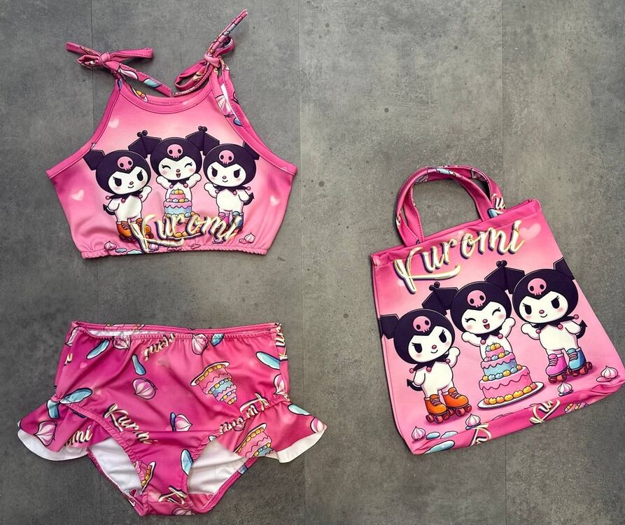 Kız Çocuk Kuromi Çantalı Üç Parça Mayo Bikini Yazlık